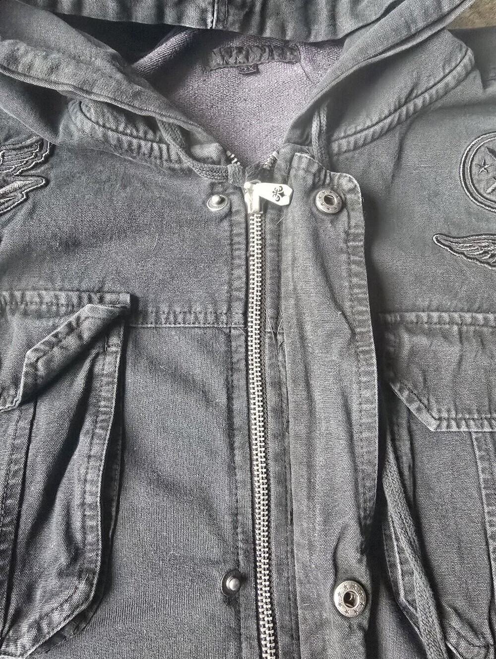 RARE VTG Affliction hybrid hooded denim jacket Mens 2X Full-zip, Black, Y2K - Picture 14 of 16